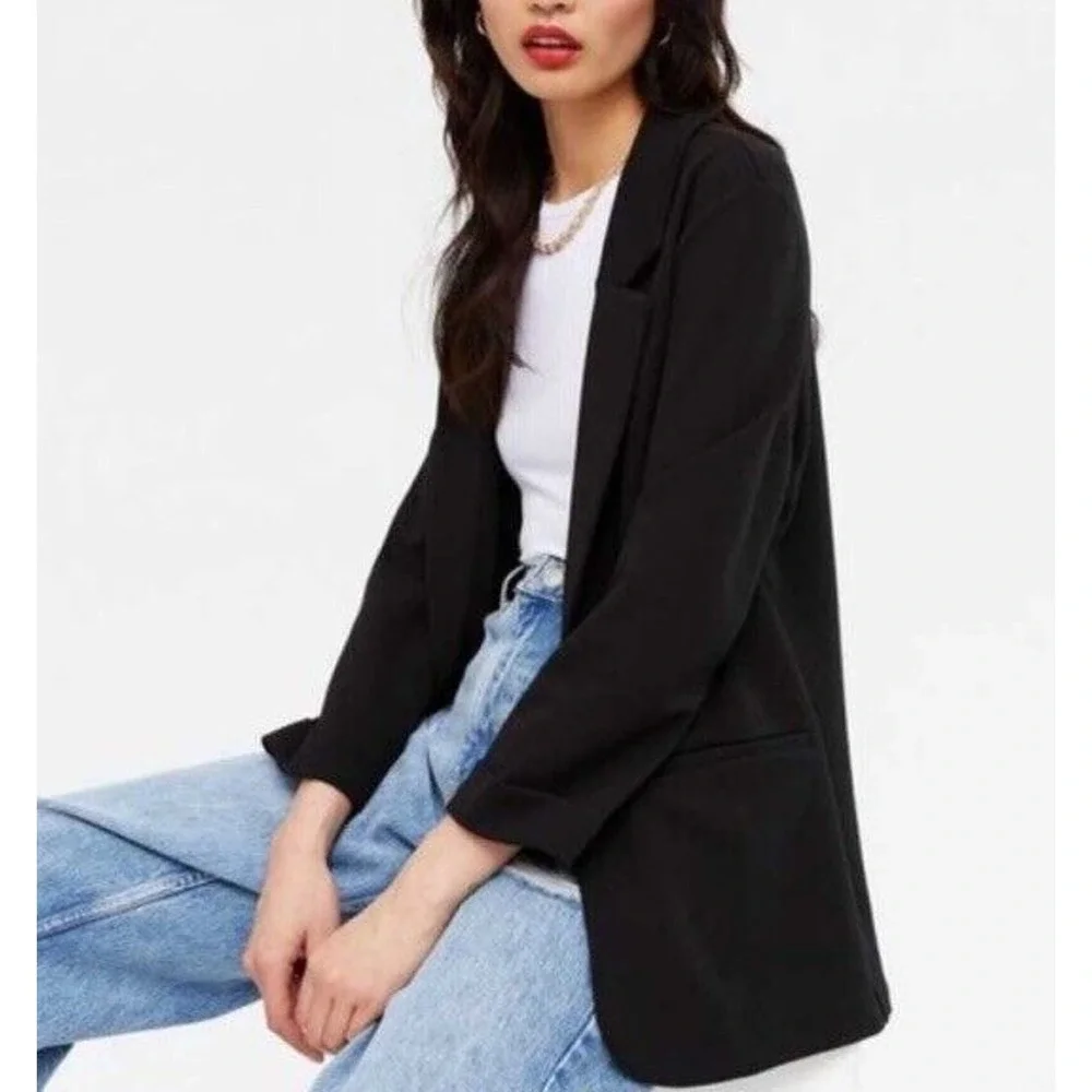 New Crescent Women’s Casual Linen Oversized Black Blazer Lined LS Pockets Sz MED